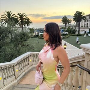 Zara Strapless Dress in Pink, Green, and Cream